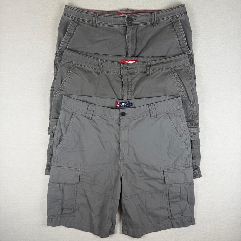 Mens Grey Cargo Shorts Bundle Lot of 3 Unionbay Chaps Size 38 Cotton Stretch